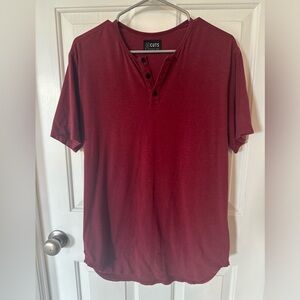 Women’s Cuts dark red short sleeve t-shirt, elongated. Size L.